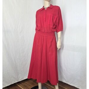 Vtg 70s New Hero Maxi Shirt Dress Womens Medium Red Cotton Flare Pockets‎
